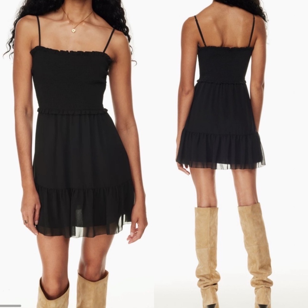Aritzia Wilfred Arts Black Smocked Square Neck Spaghetti Strap Mini Dress Tiered
